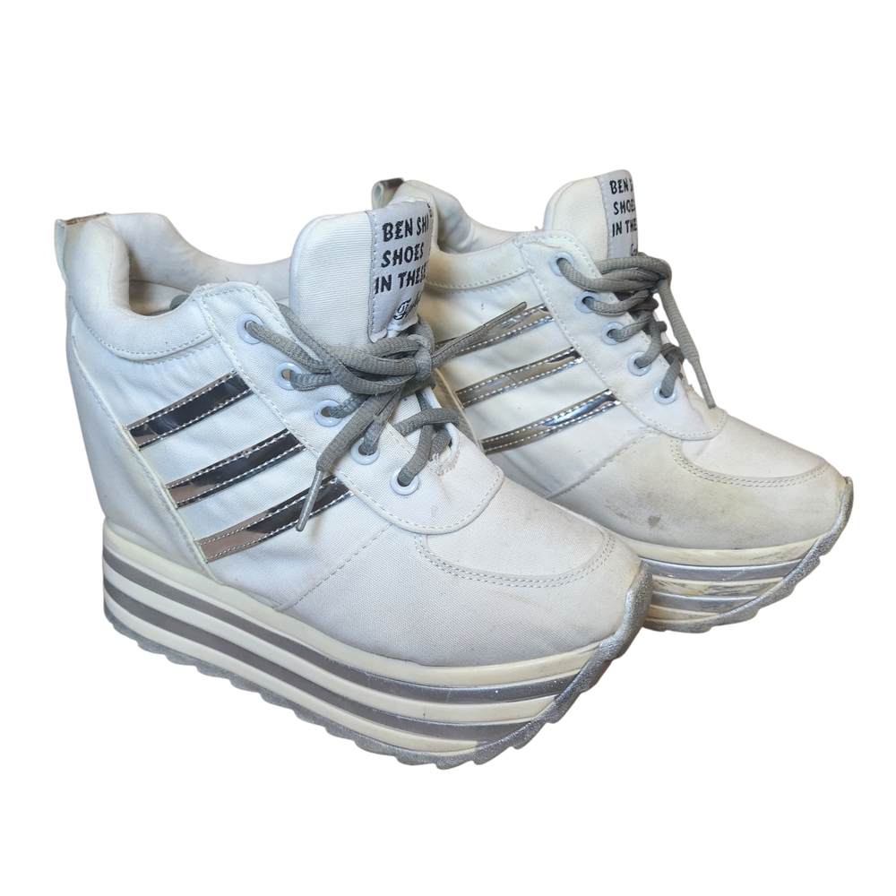 Designer Very Rare European Sizing White and Silver Platform Sneakers 90s Y2K - Picture 2 of 8